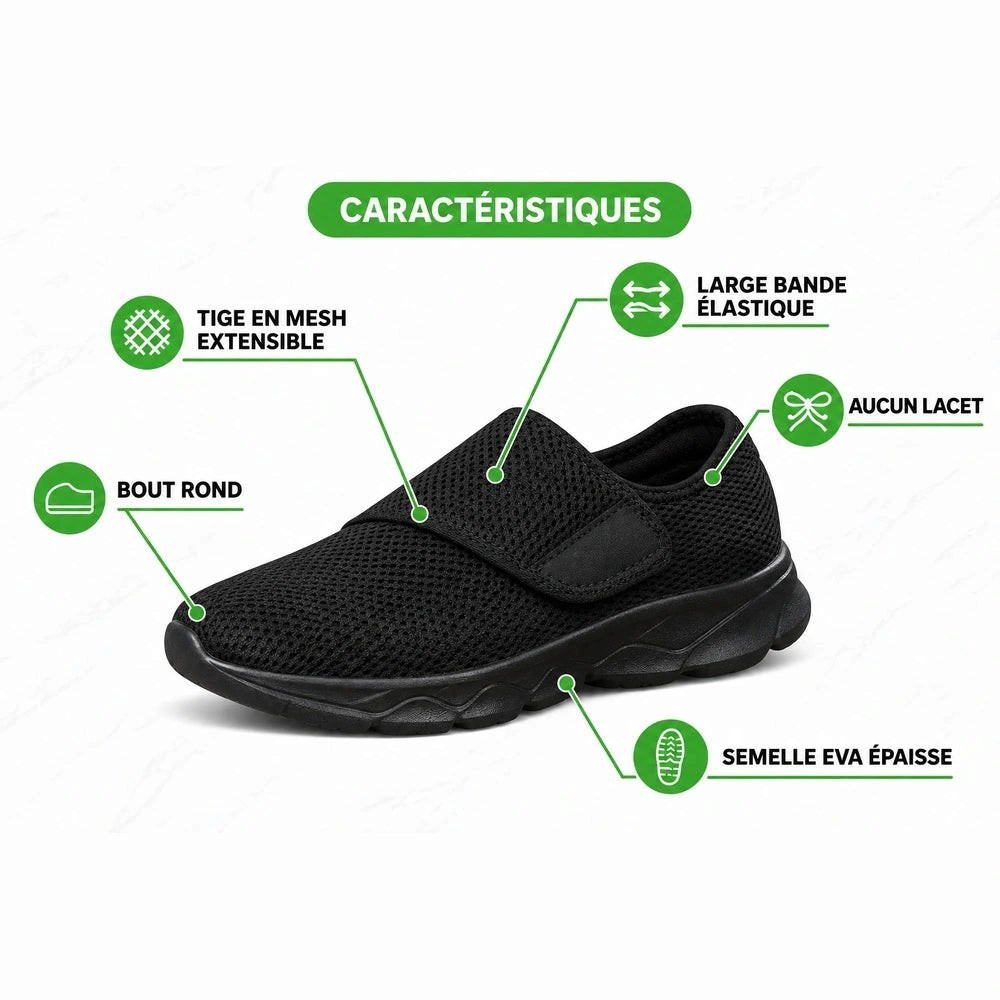Basket orthopédique homme Orthopodys, marque exploitée par AIIBORI (SASU), en mesh noir extensible avec semelle EVA.