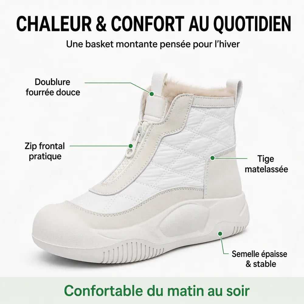 Basket montante fourrée blanche Orthopodys avec tige matelassée, zip frontal et semelle épaisse pour femme