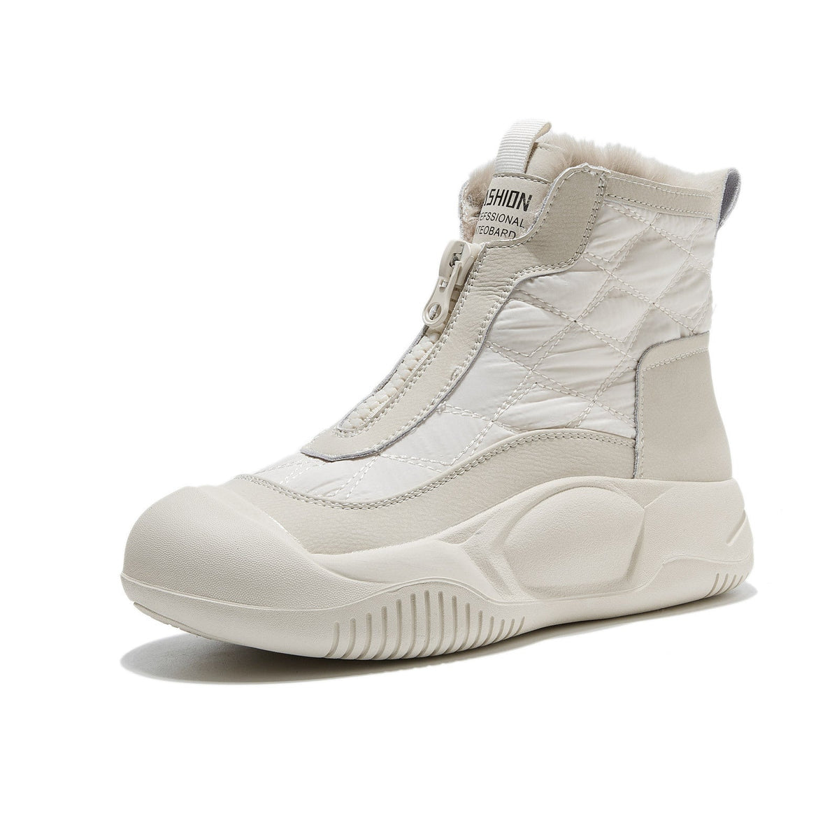 Basket montante Orthopodys, marque exploitée par AIIBORI (SASU), beige matelassée avec doublure fourrée et zip frontal