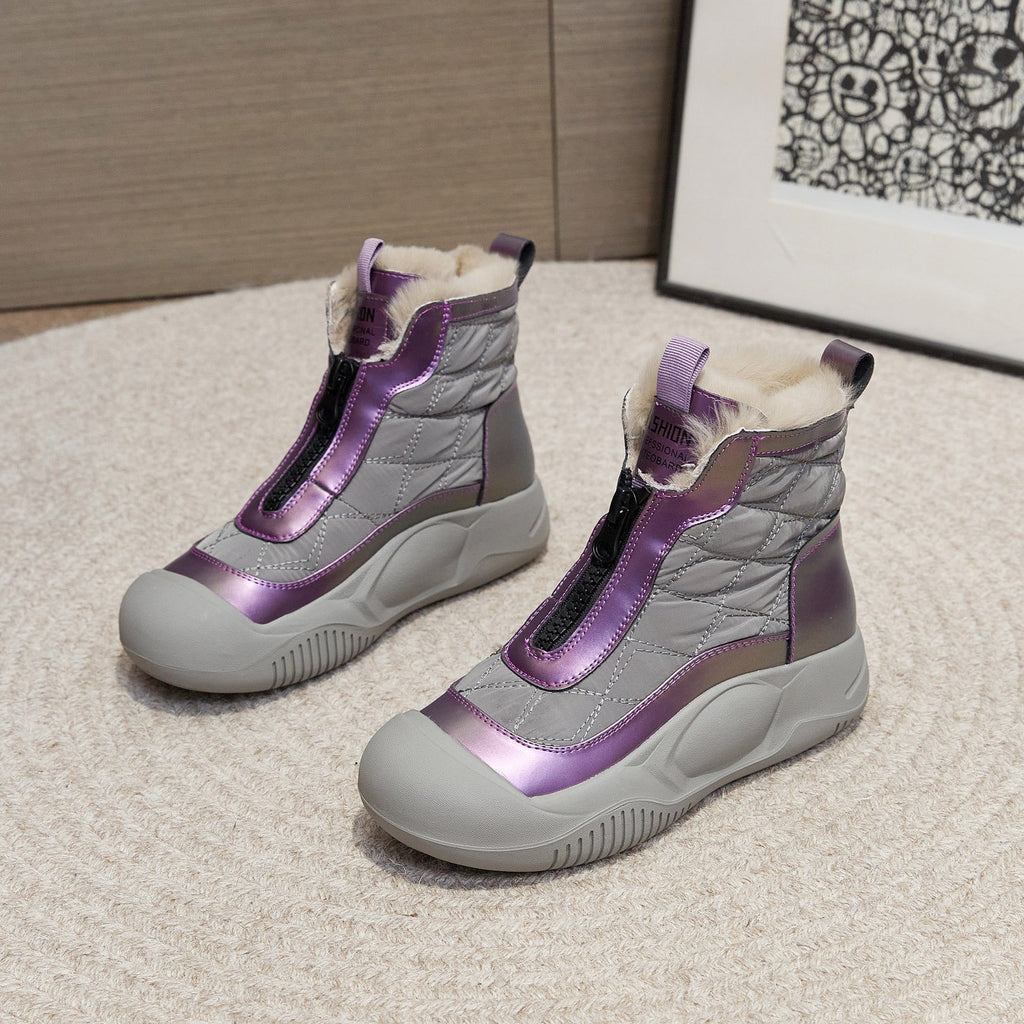 Basket montante fourrée Orthopodys, marque exploitée par AIIBORI (SASU), grise et violette avec zip frontal.