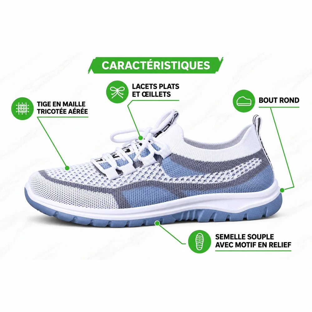 Baskets respirantes femme Orthopodys, marque exploitée par AIIBORI (SASU), en maille bleue et blanche avec semelle souple