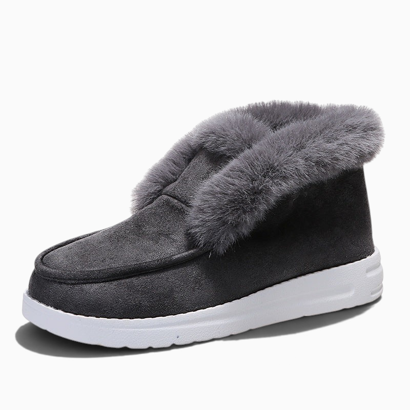 Boots fourrées femme Orthopodys, marque exploitée par AIIBORI (SASU) en suède gris avec col en peluche et semelle plate