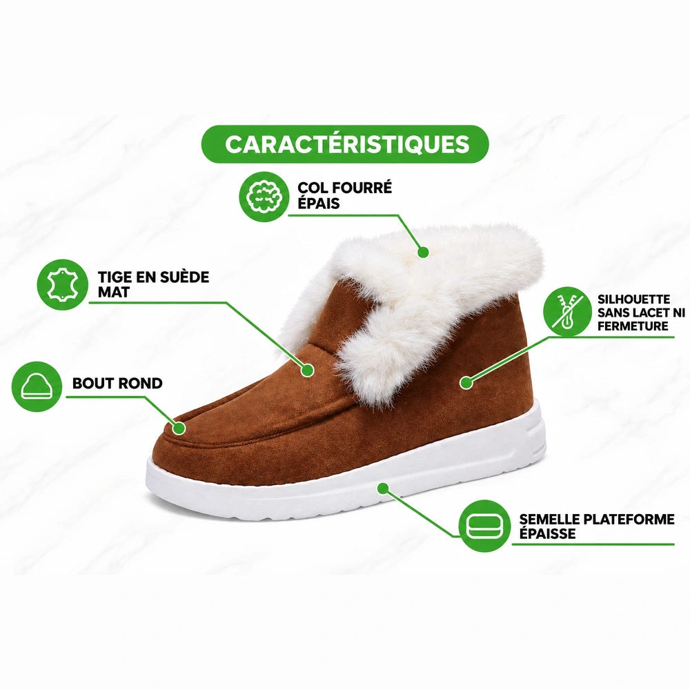 Boots fourrées marron Orthopodys, marque exploitée par AIIBORI (SASU), avec col en peluche et semelle plateforme blanche