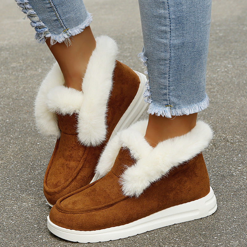 Boots fourrées marron Orthopodys avec col en peluche blanche et semelle plateforme épaisse pour femme