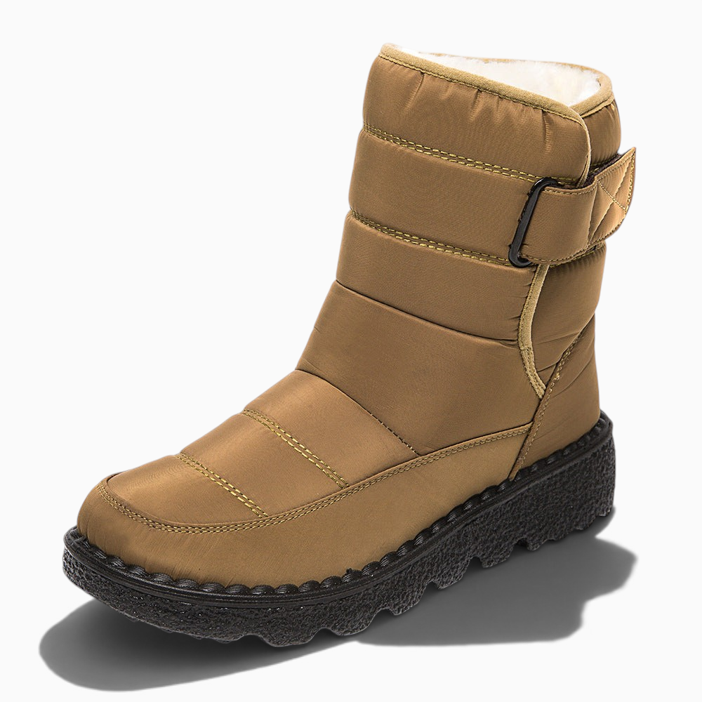 Boots de neige femme Orthopodys, marque exploitée par AIIBORI (SASU), kaki à tige montante, sangle et semelle crantée.