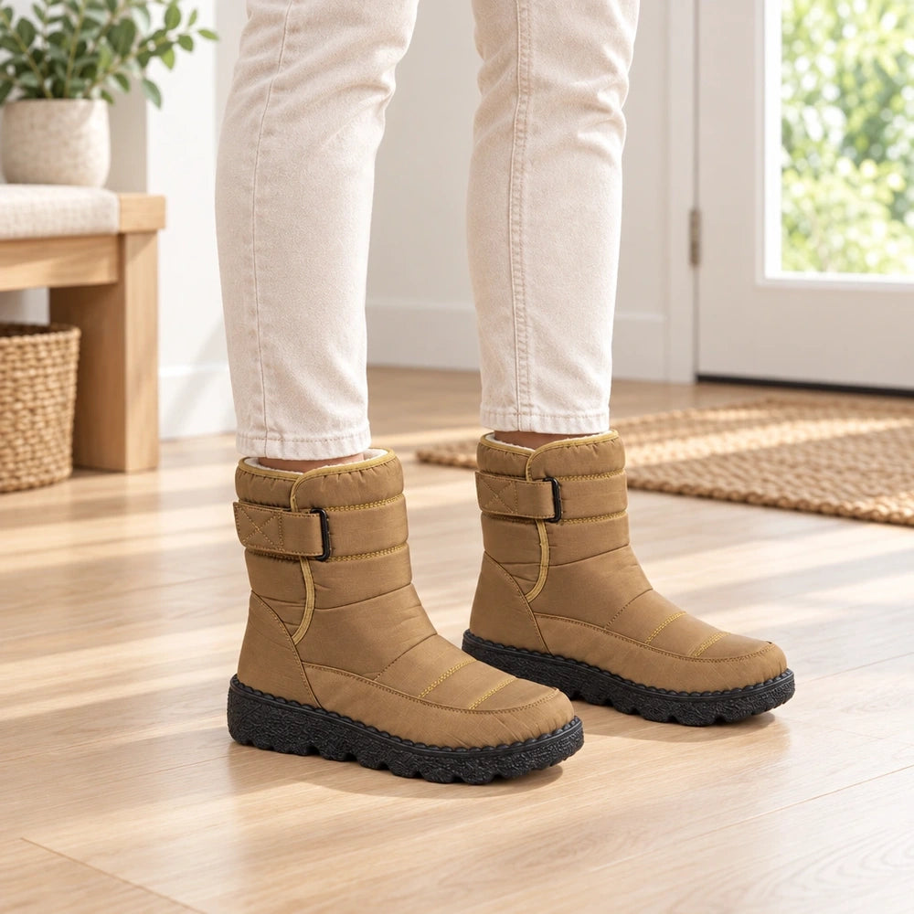 Boots de neige femme Orthopodys marque exploitée par AIIBORI (SASU) kaki montantes avec sangle réglable et semelle noire