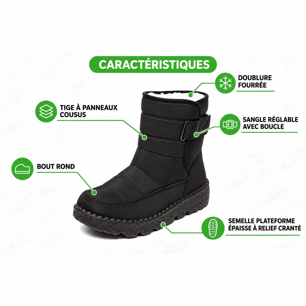 Boots de neige noires Orthopodys, marque exploitée par AIIBORI (SASU), avec sangle réglable et semelle plateforme crantée