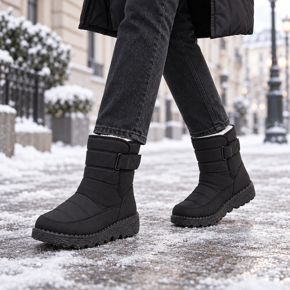 Boots de neige noires Orthopodys, marque exploitée par AIIBORI (SASU), montantes avec sangle réglable et semelle crantée