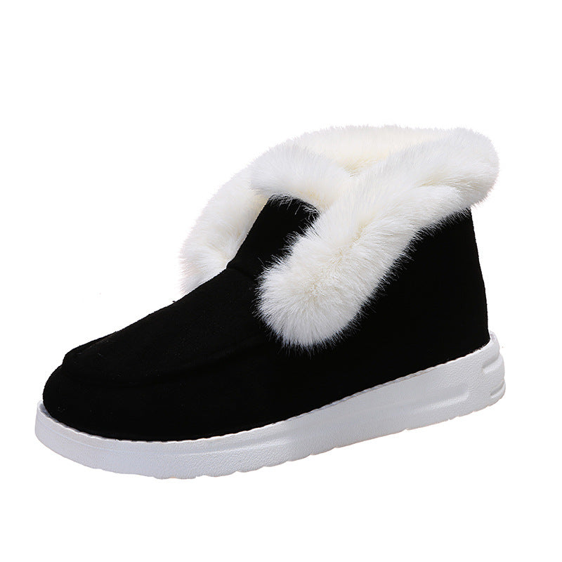 Boots fourrées noires Orthopodys, marque exploitée par AIIBORI (SASU), en suède avec col en peluche blanche et semelle