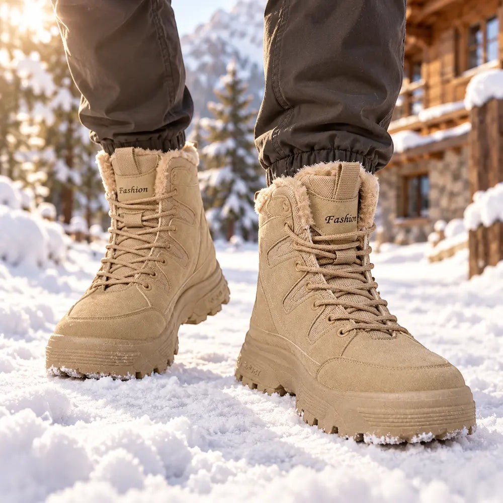 Bottes de neige Orthopodys, marque exploitée par AIIBORI (SASU), beiges montantes avec doublure chaude et semelle crantée