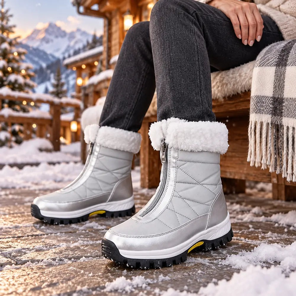 Bottes de neige femme Orthopodys, marque exploitée par AIIBORI (SASU), argentées, fourrées, avec zip frontal et semelle