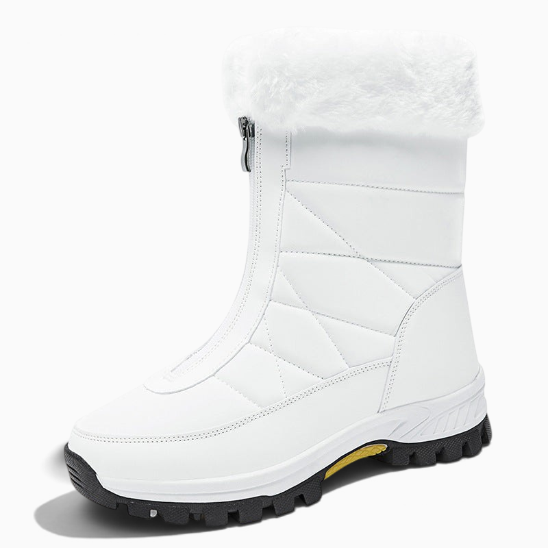 Bottes de neige femme blanches Orthopodys, marque exploitée par AIIBORI (SASU), avec fourrure et fermeture zippée.