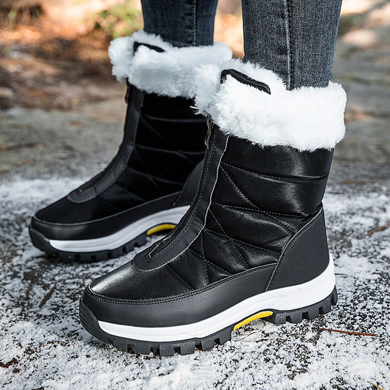 Bottes de neige femme Orthopodys, marque exploitée par AIIBORI (SASU), noires avec fourrure blanche et zip frontal