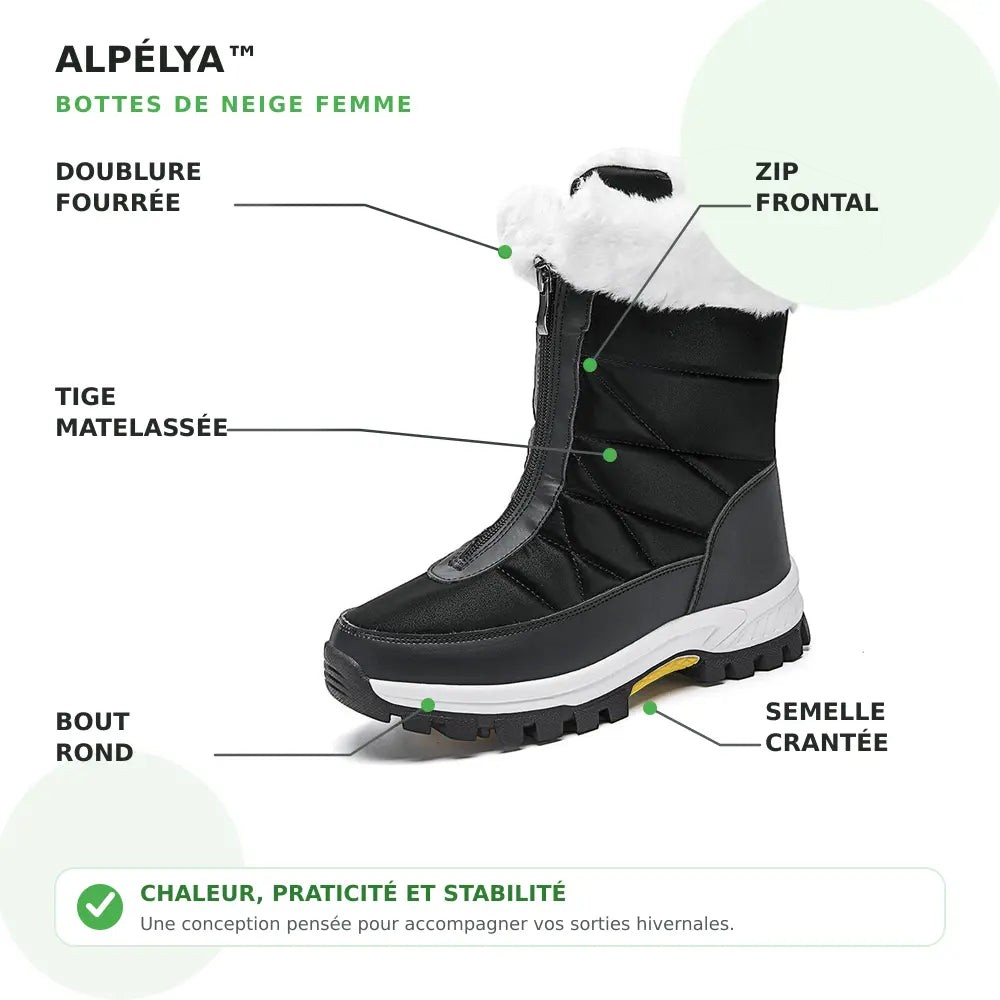 Bottes de neige femme Orthopodys, marque exploitée par AIIBORI (SASU), noires avec doublure fourrée et zip frontal