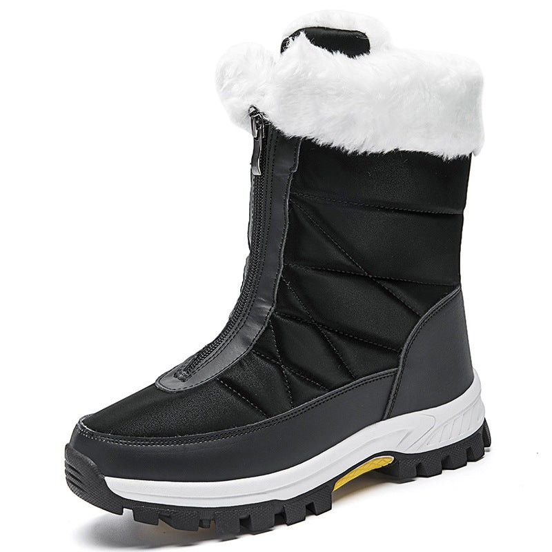Bottes de neige femme Orthopodys, marque exploitée par AIIBORI (SASU), noires avec fourrure blanche et zip frontal.