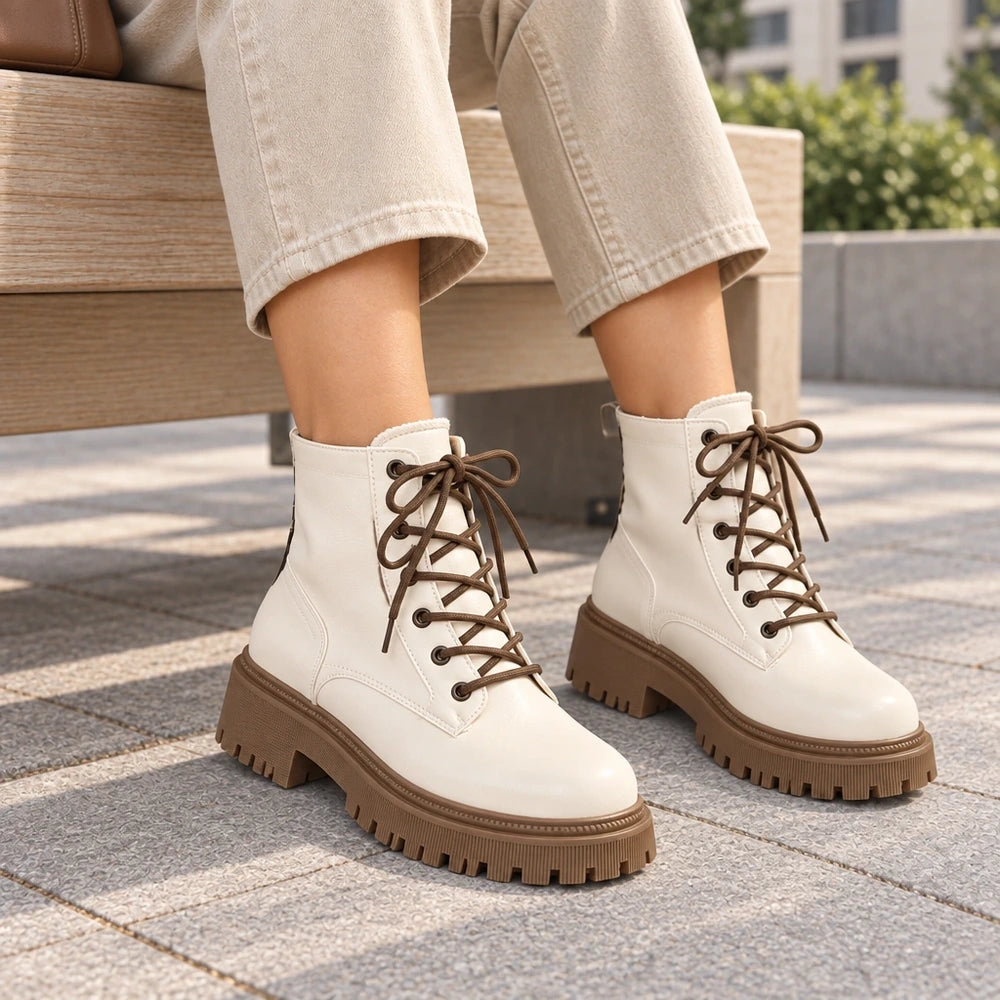 Bottines femme Orthopodys, marque exploitée par AIIBORI (SASU), beige à lacets avec semelle plateforme crantée brune