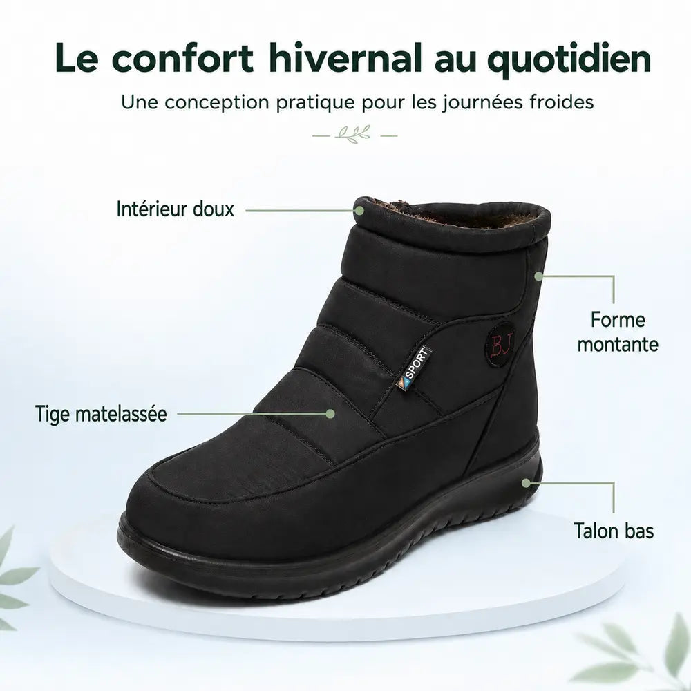 Bottines fourrées femme noires Orthopodys, marque exploitée par AIIBORI (SASU), avec tige matelassée et talon bas.