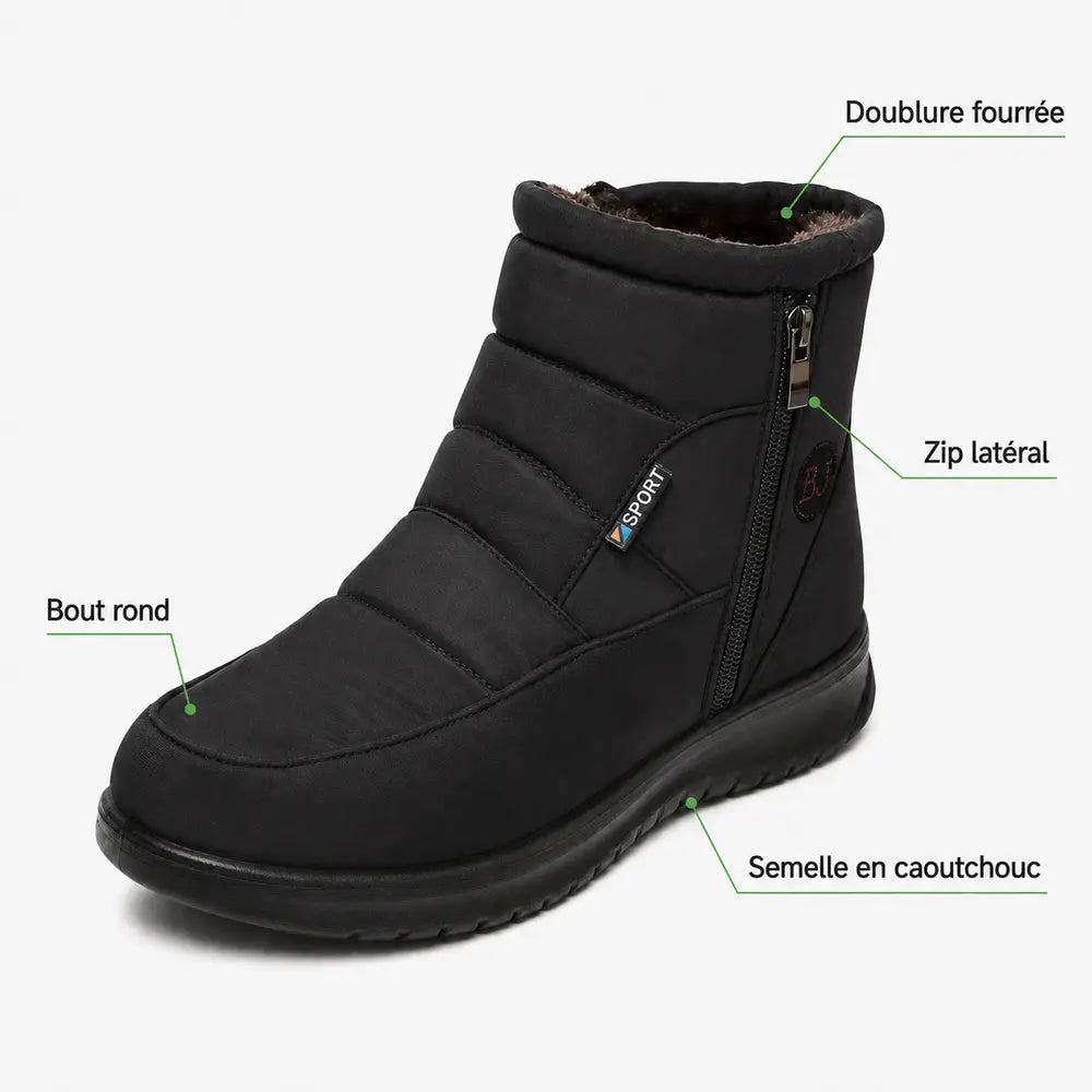 Bottines fourrées noires Orthopodys, marque exploitée par AIIBORI (SASU), avec fermeture zippée et semelle caoutchouc.