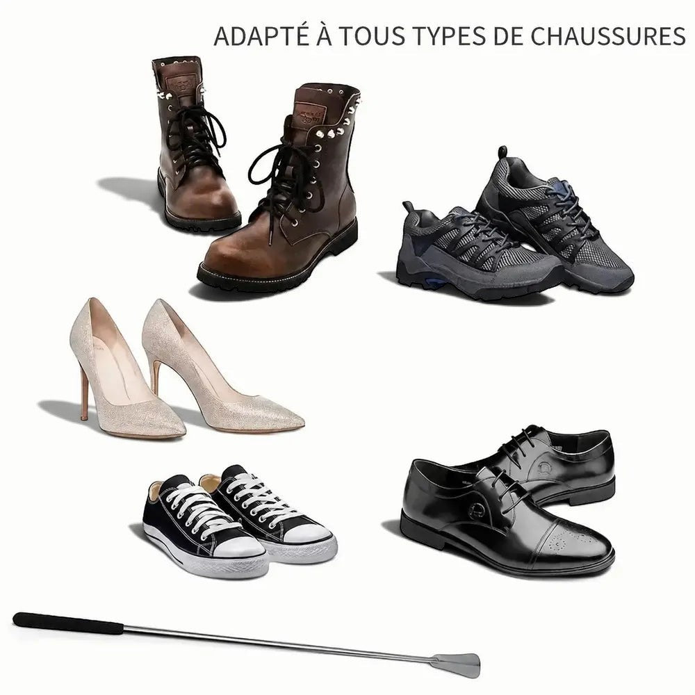 Chausse-pied télescopique en acier inoxydable Orthopodys, marque exploitée par AIIBORI (SASU) avec divers types de chaussures