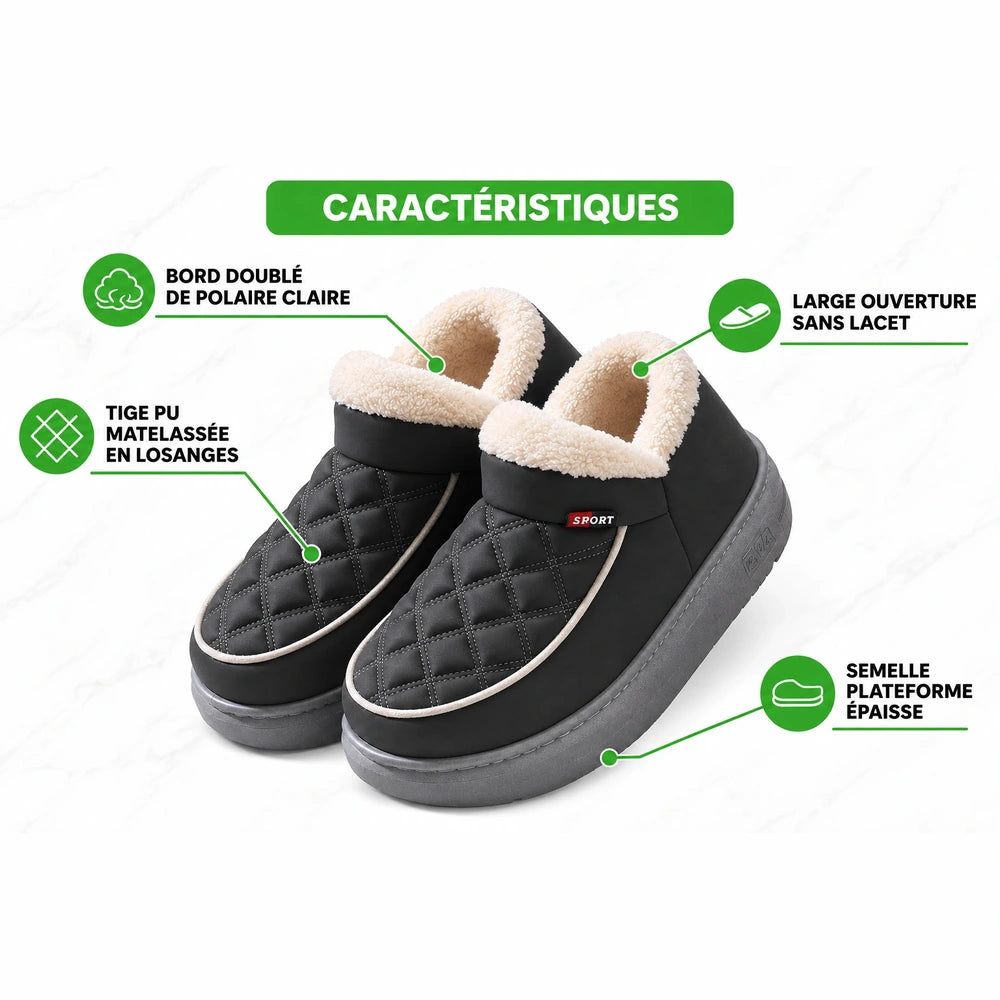 Chaussons Orthopodys, marque exploitée par AIIBORI (SASU) femme matelassés noirs avec doublure polaire et semelle épaisse