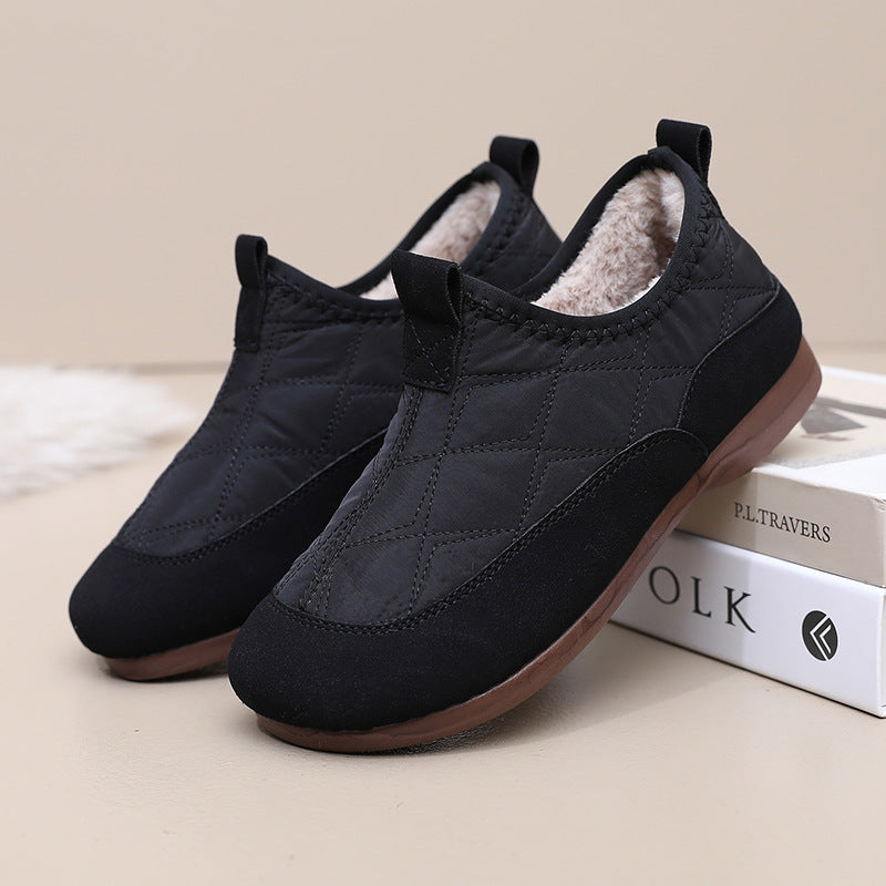 Chaussons d'hiver femme Orthopodys, marque exploitée par AIIBORI (SASU), noirs en toile matelassée avec doublure polaire