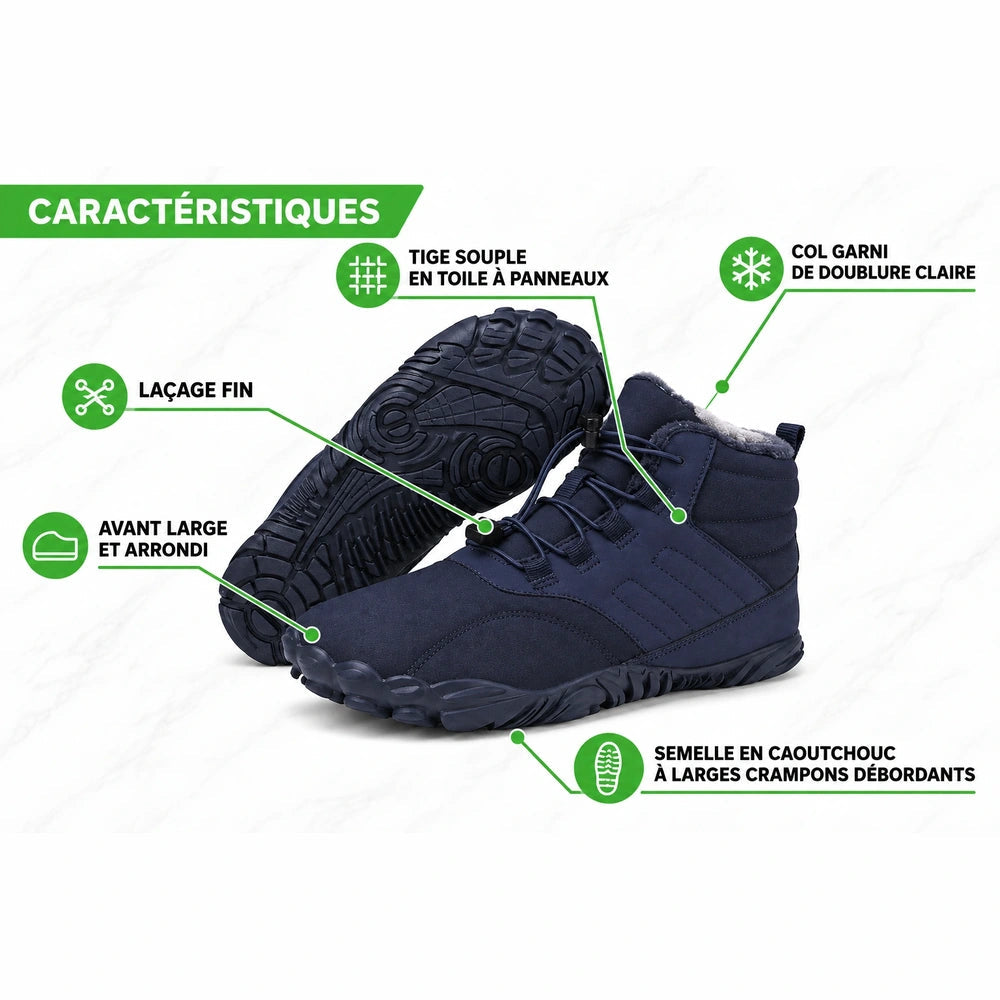 Chaussures chaudes Orthopodys, marque exploitée par AIIBORI (SASU), en toile bleu marine avec col fourré et crampons