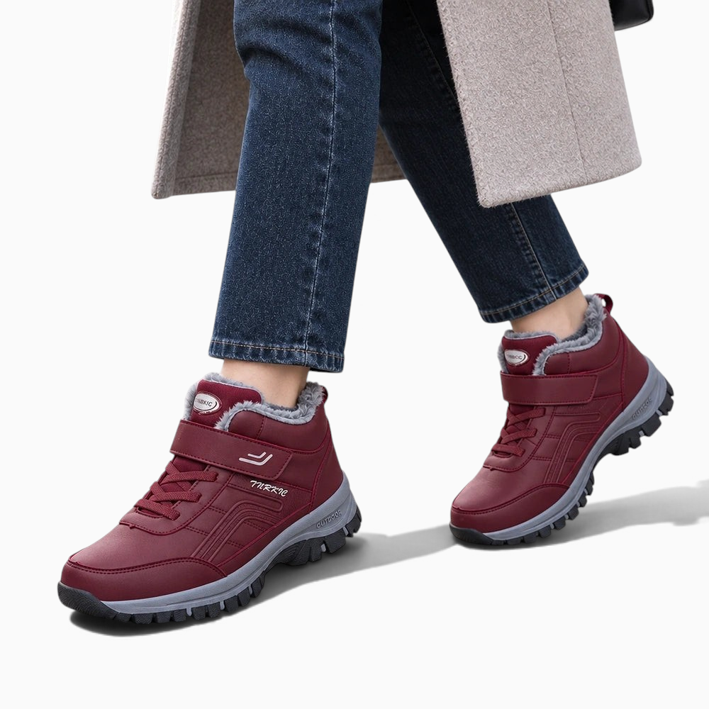 Chaussures fourrées femme Orthopodys, marque exploitée par AIIBORI (SASU), bordeaux avec velcro et doublure polaire