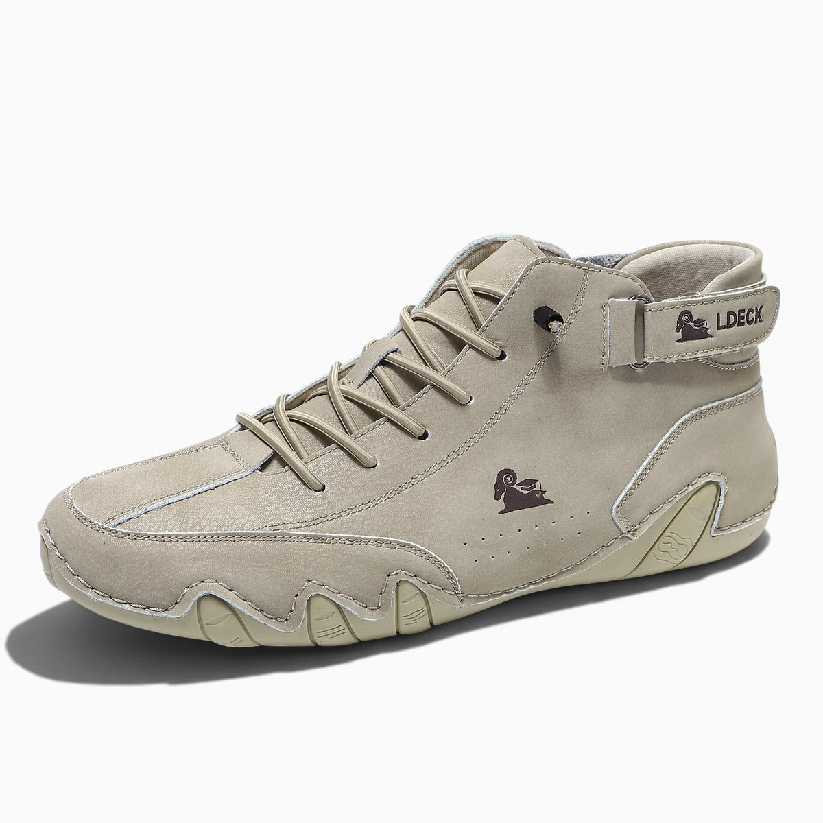 Chaussure montante homme Orthopodys, marque exploitée par AIIBORI (SASU), beige en microfibre avec bride et lacets
