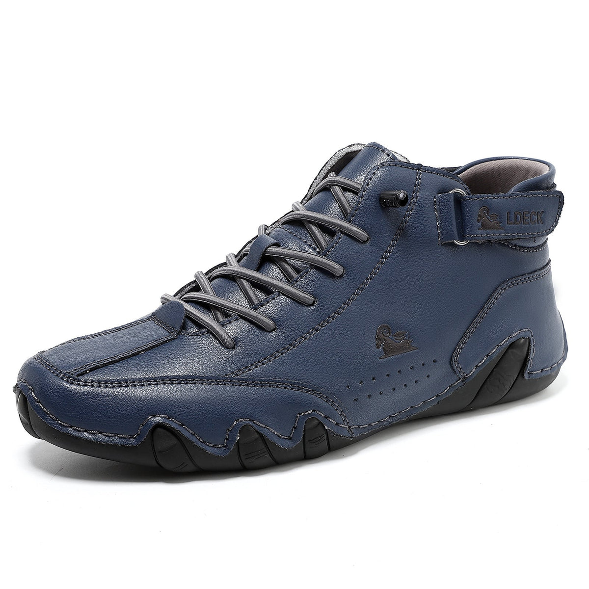 Chaussure montante homme Orthopodys, marque exploitée par AIIBORI (SASU), en cuir bleu avec bride et lacets.