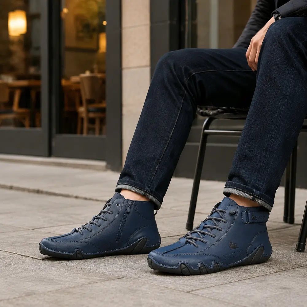 Chaussure montante homme Orthopodys, marque exploitée par AIIBORI (SASU), en cuir bleu avec lacets et bride cheville.