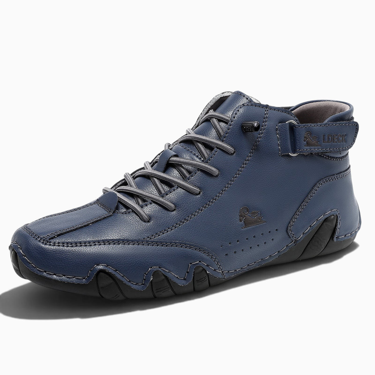 Chaussure montante homme Orthopodys, marque exploitée par AIIBORI (SASU), en microfibre bleue avec bride et lacets.
