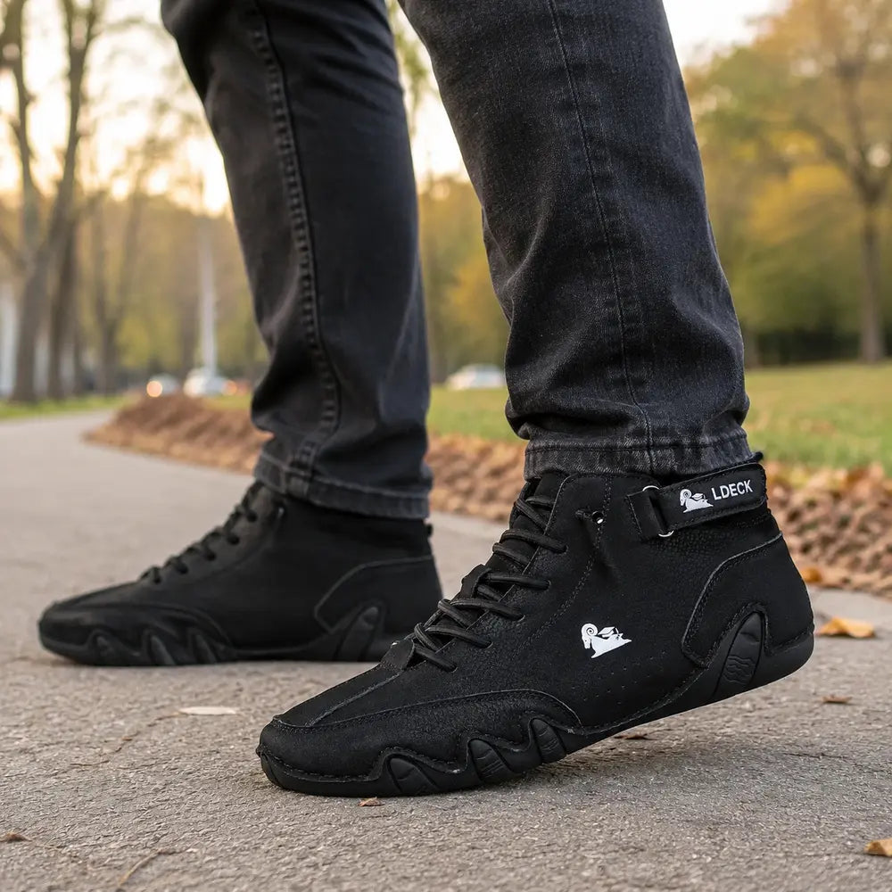 Chaussure montante homme Orthopodys, marque exploitée par AIIBORI (SASU), noire en microfibre avec bride et lacets