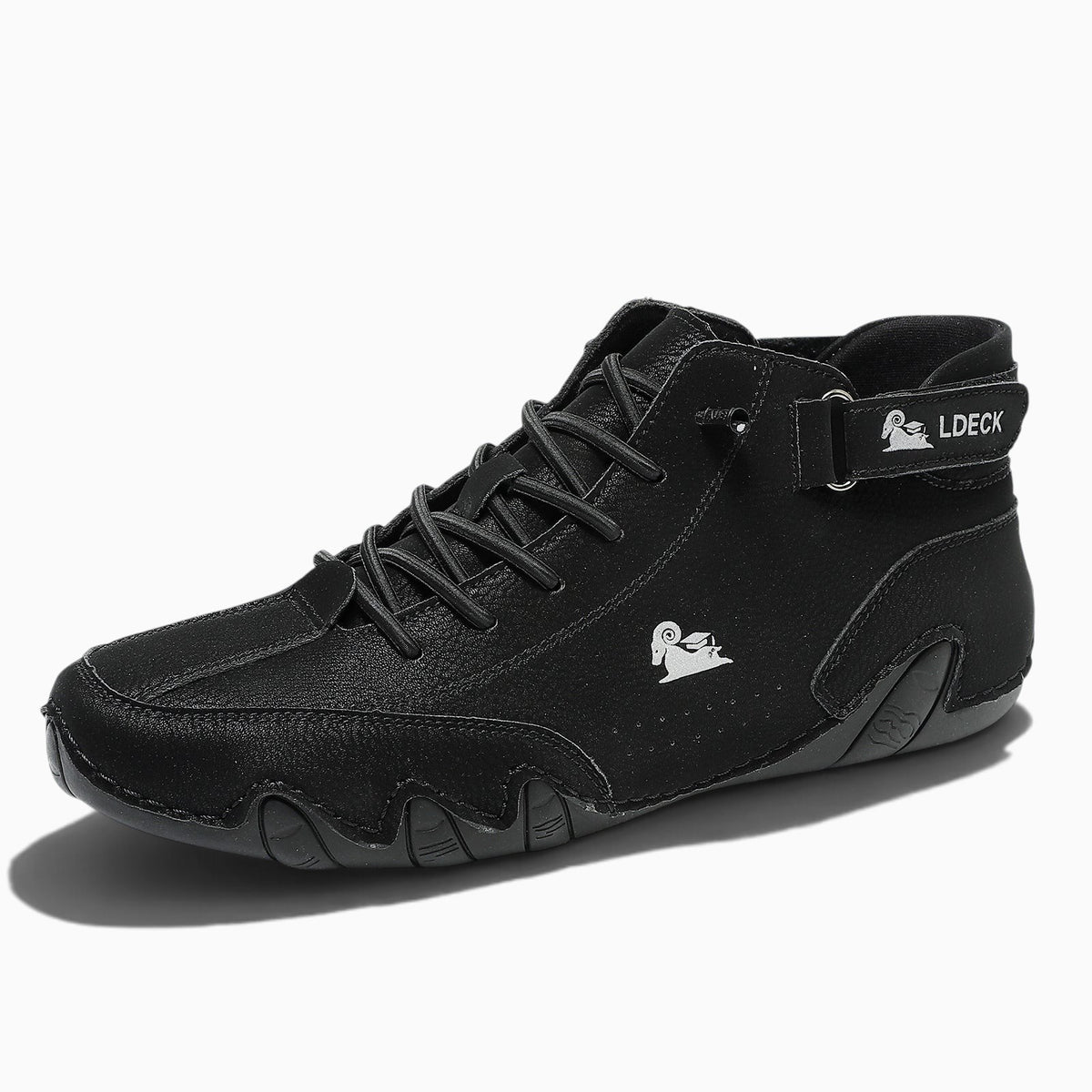 Chaussure montante homme Orthopodys, marque exploitée par AIIBORI (SASU), noire en microfibre avec bride et lacets.