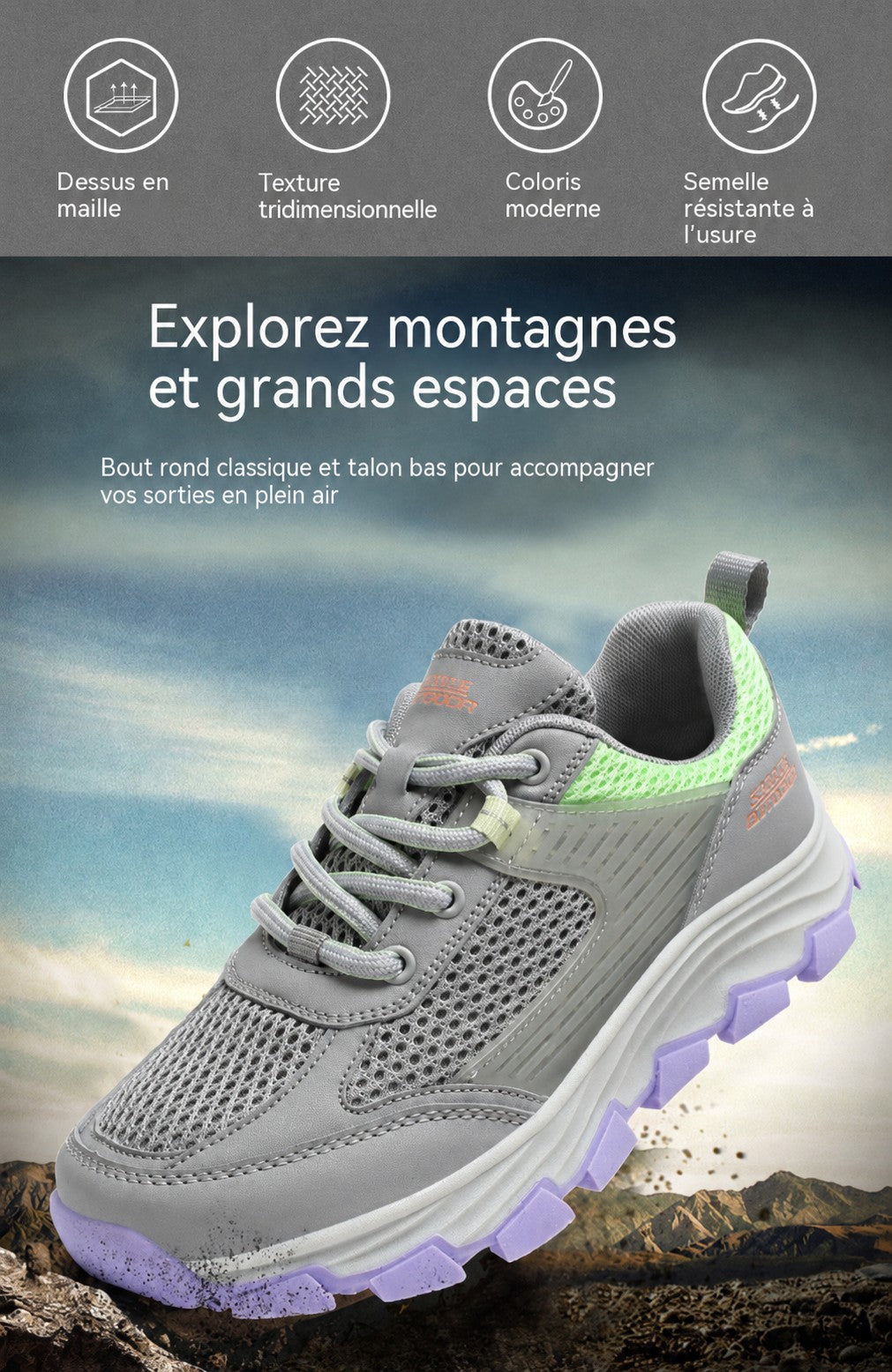 Chaussure de randonnée légère Orthopodys, marque exploitée par AIIBORI (SASU), en maille grise avec semelle violette