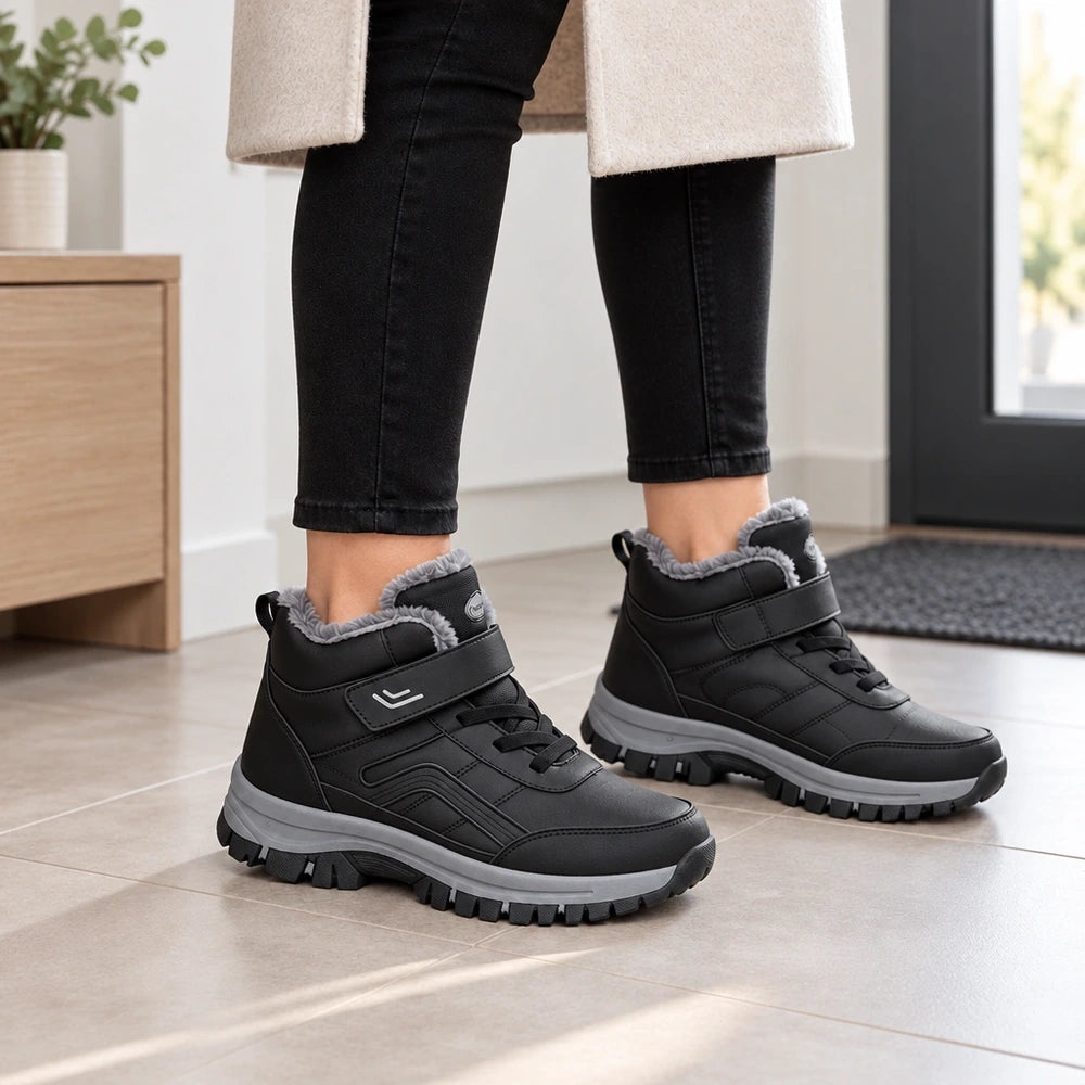 Chaussures fourrées femme Orthopodys, marque exploitée par AIIBORI (SASU) noires à velcro et semelle crantée grise