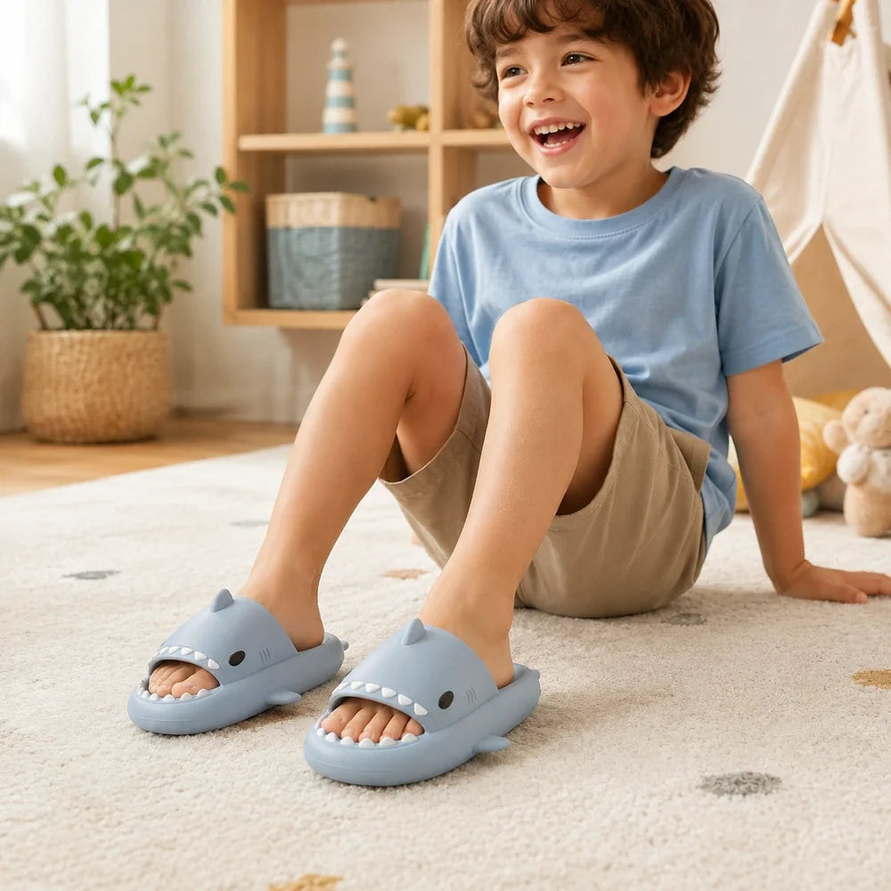 Enfant souriant portant des claquettes requin bleues Orthopodys, marque exploitée par AIIBORI (SASU), en EVA souple.