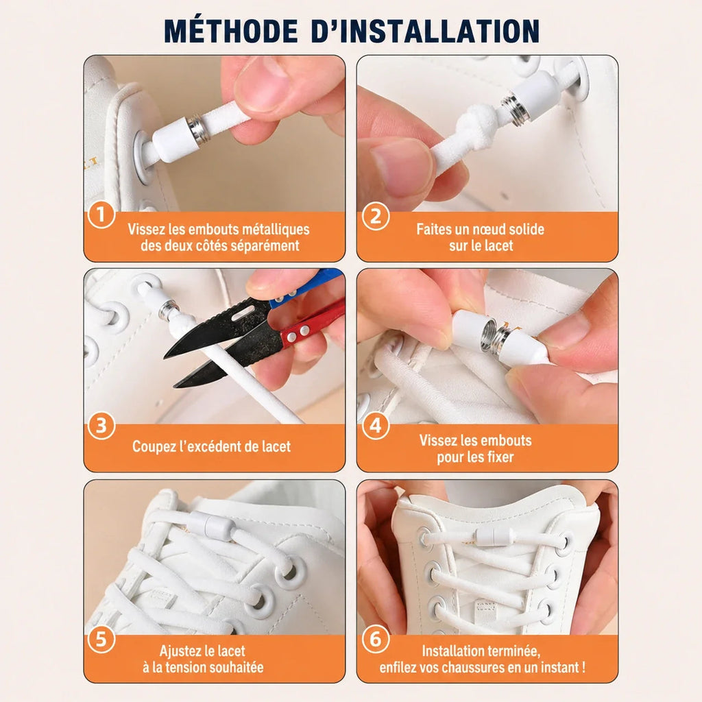 Guide d'installation en 6 étapes des lacets élastiques sans nœud LACÉO™ de la marque Orthopodys, marque exploitée par AIIBORI (SASU) sur une basket blanche.