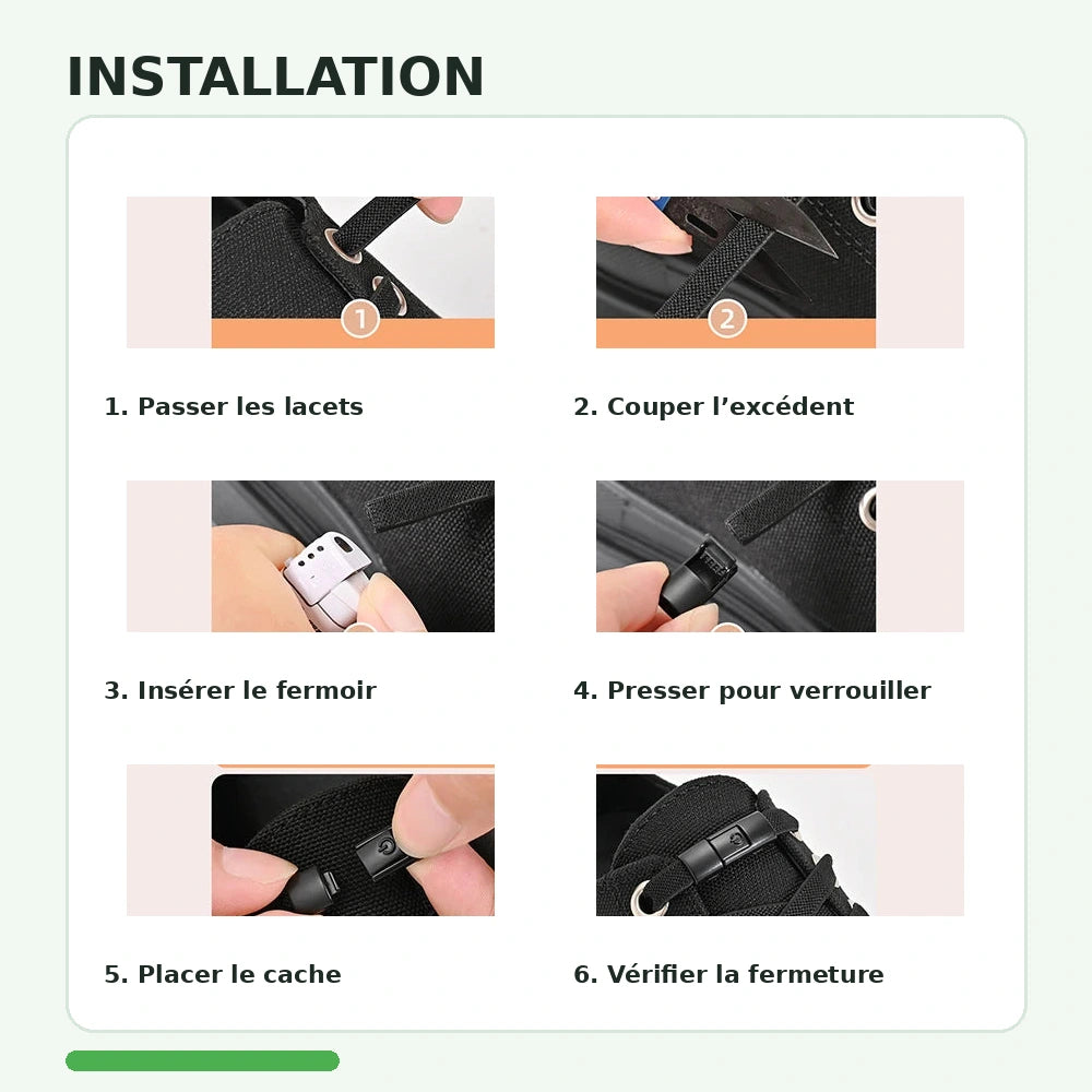 Guide d'installation des lacets autobloquants noirs Orthopodys, marque exploitée par AIIBORI (SASU) en six étapes