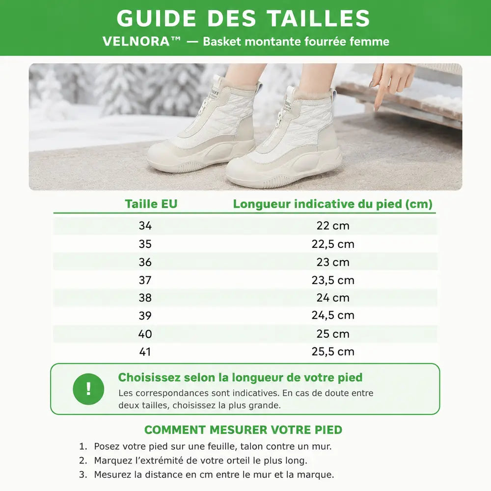 Guide des tailles Orthopodys, marque exploitée par AIIBORI (SASU) pour la basket montante fourrée femme VELNORA
