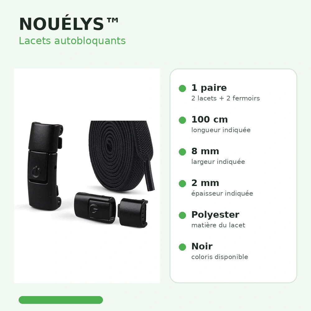 Lacets autobloquants plats noirs NOUÉLYS™ de Orthopodys, marque exploitée par AIIBORI (SASU), avec fermoirs à pression.
