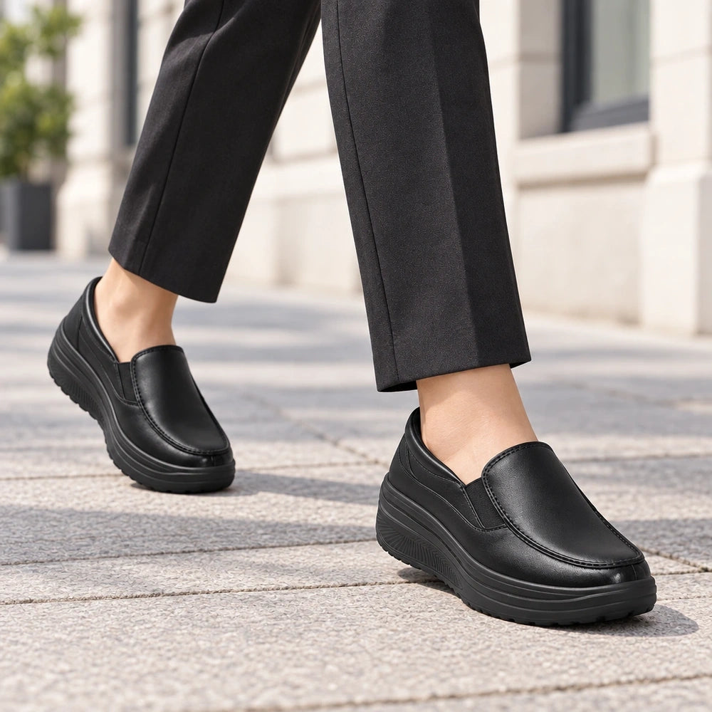 Mocassins femme compensés noirs Orthopodys, marque exploitée par AIIBORI (SASU), à enfiler avec semelle épaisse stable.