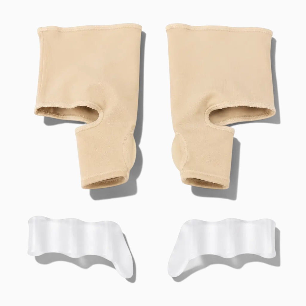Protection hallux valgus Orthopodys, marque exploitée par AIIBORI (SASU) en Lycra beige avec séparateur d'orteil en gel