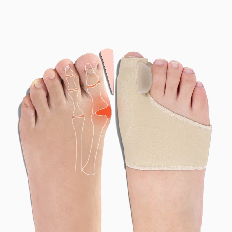 Protection hallux valgus Orthopodys marque exploitée par AIIBORI (SASU) en Lycra beige avec séparateur d'orteil en gel