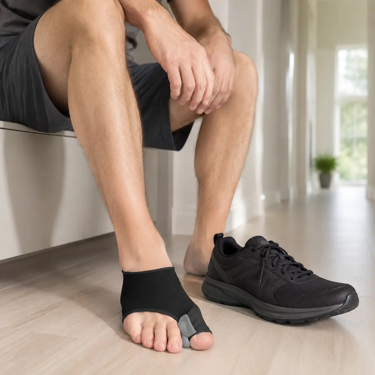 Protection hallux valgus Orthopodys, marque exploitée par AIIBORI (SASU) en lycra noir avec séparateur d'orteil en gel