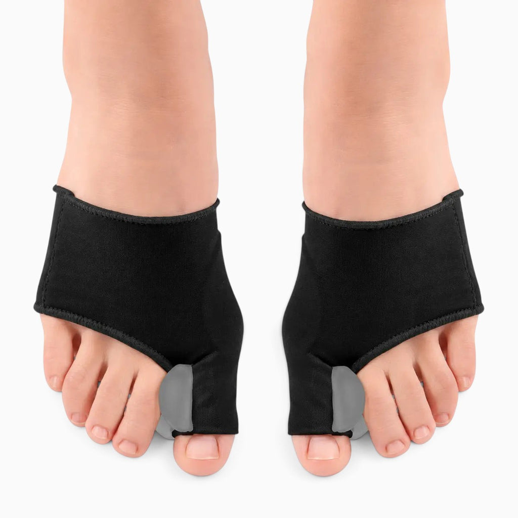 Protection hallux valgus Orthopodys marque exploitée par AIIBORI (SASU) en Lycra noir avec séparateur d'orteil en gel