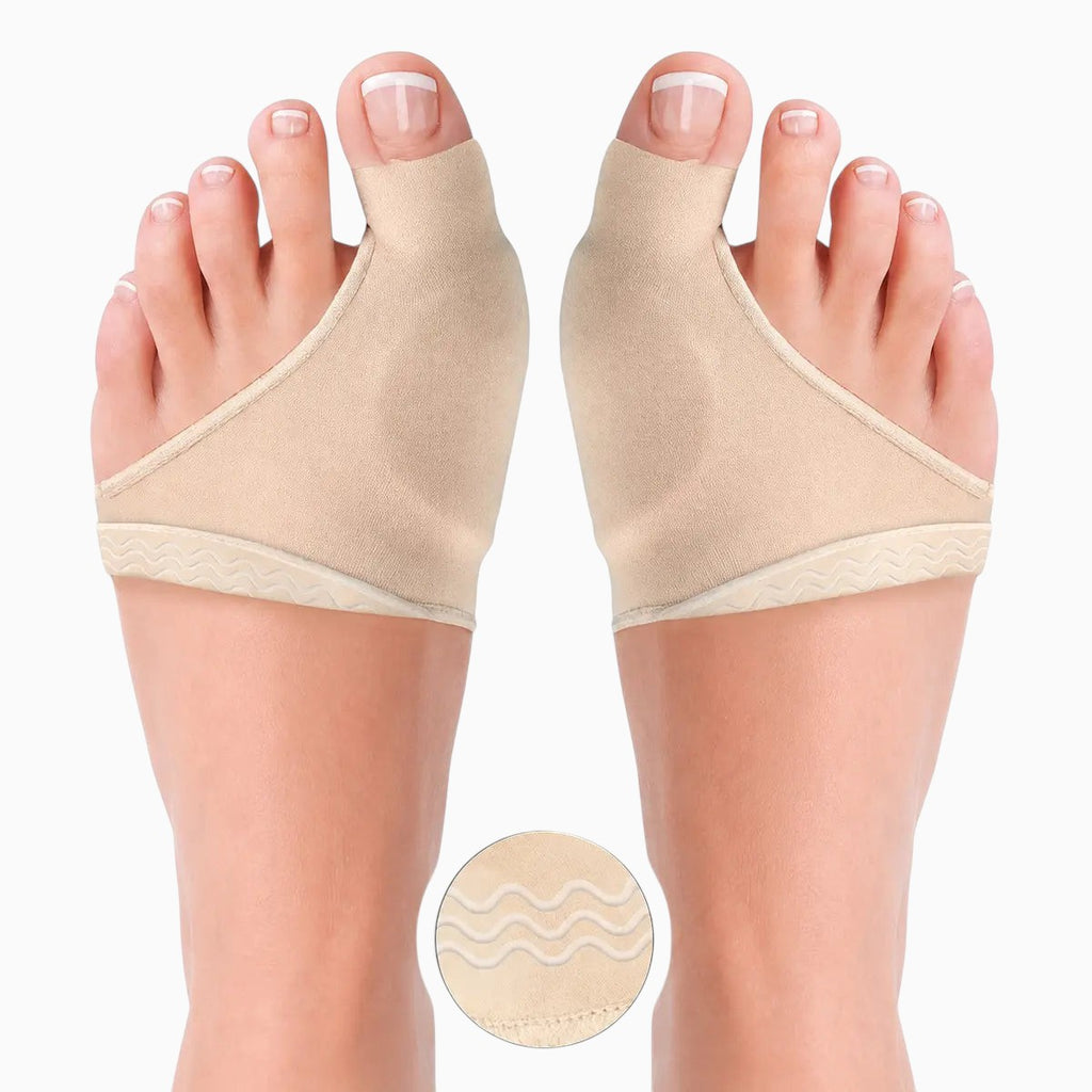 Protection hallux valgus Orthopodys, marque exploitée par AIIBORI (SASU) en Lycra beige avec séparateur d'orteil en gel