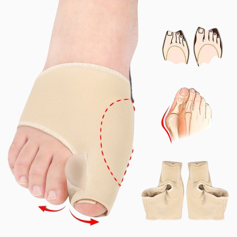 Protection hallux valgus Orthopodys marque exploitée par AIIBORI (SASU) en lycra beige avec séparateur d'orteil en gel