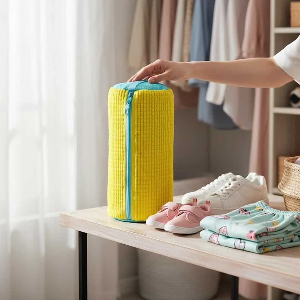 Sac de lavage chaussures cylindrique jaune Orthopodys, marque exploitée par AIIBORI (SASU) avec fermeture zippée bleue