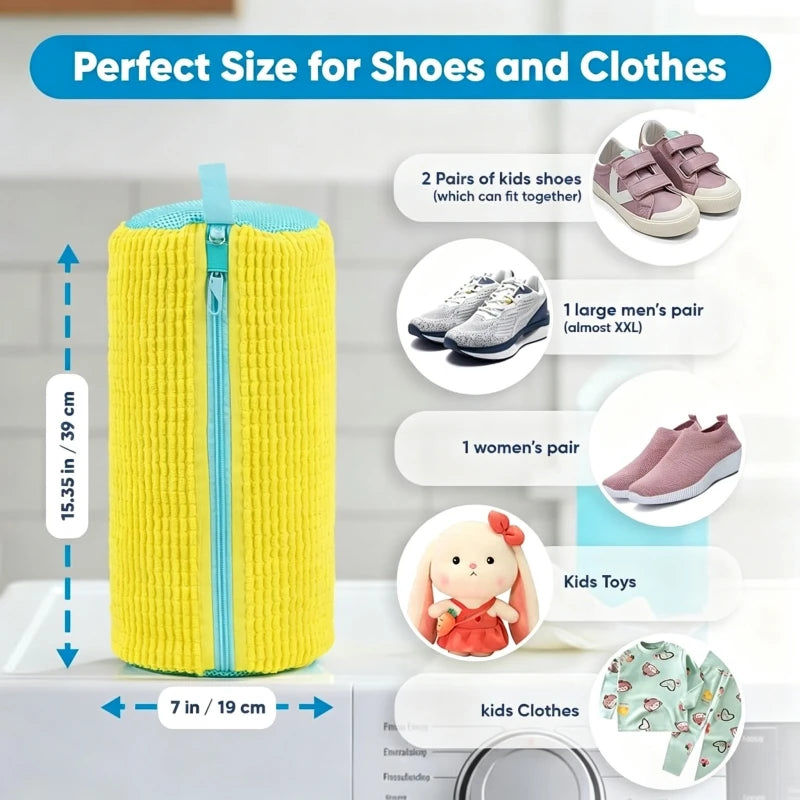 Sac de lavage cylindrique jaune Orthopodys, marque exploitée par AIIBORI (SASU) pour chaussures et linge délicat