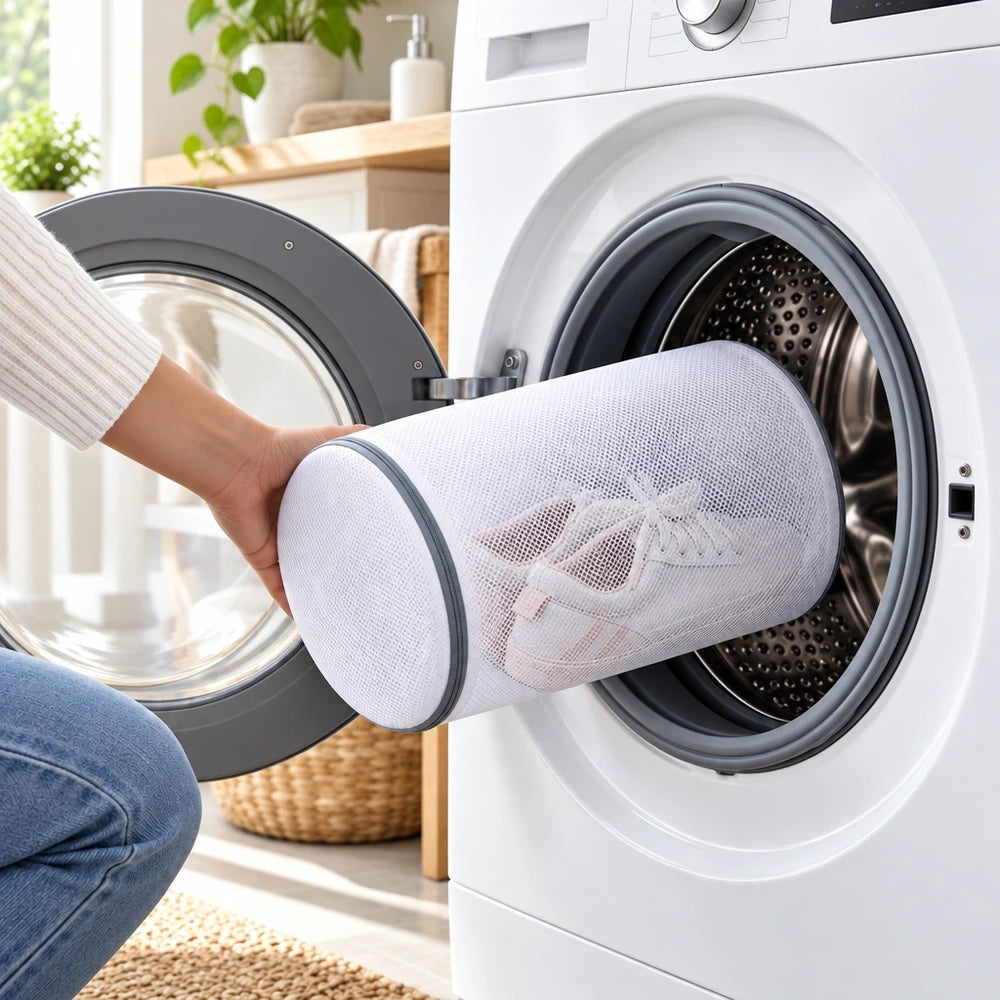 Sac de lavage pour chaussures MAILLYS par Orthopodys, marque exploitée par AIIBORI (SASU), en maille blanche cylindrique